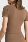 PACK264692-P1017-1, Coffee Criss Cross Wrapped Ribbed V Neck Short Sleeve Active Top