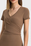 PACK264692-P1017-1, Coffee Criss Cross Wrapped Ribbed V Neck Short Sleeve Active Top