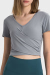 PACK264692-P3011-1, Medium Grey Criss Cross Wrapped Ribbed V Neck Short Sleeve Active Top