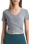 PACK264692-P3011-1, Medium Grey Criss Cross Wrapped Ribbed V Neck Short Sleeve Active Top