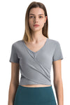 PACK264692-P3011-1, Medium Grey Criss Cross Wrapped Ribbed V Neck Short Sleeve Active Top