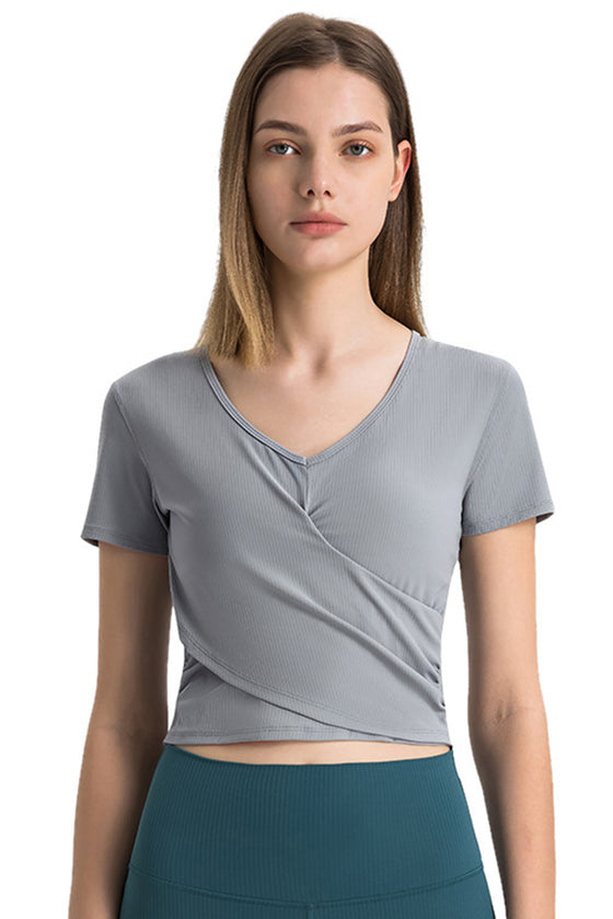 PACK264692-P3011-1, Medium Grey Criss Cross Wrapped Ribbed V Neck Short Sleeve Active Top
