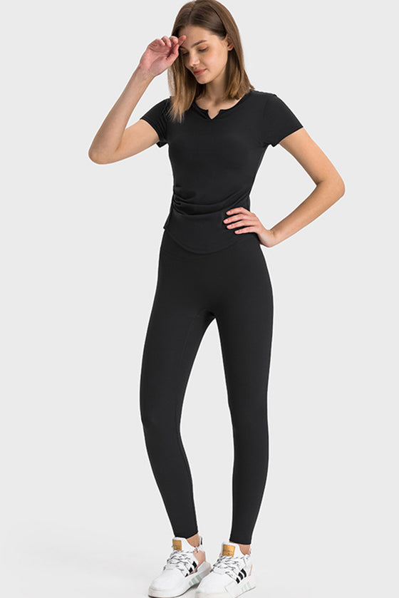 PACK264693-P2-1, Black Ribbed Notched Neck Short Sleeve Active Fitness Top