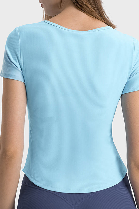 PACK264693-P204-1, Mist Blue Ribbed Notched Neck Short Sleeve Active Fitness Top