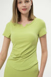 PACK264693-P709-1, Spinach Green Ribbed Notched Neck Short Sleeve Active Fitness Top