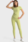 PACK264693-P709-1, Spinach Green Ribbed Notched Neck Short Sleeve Active Fitness Top