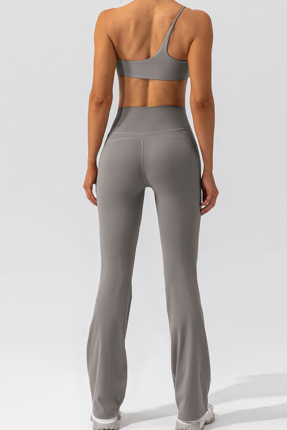 PACK265461-P3011-1, Medium Grey Solid Criss Cross High Waist Flared Yoga Pants