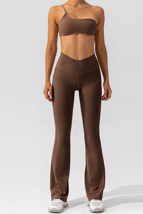 PACK265461-P5017-1, Dark Brown Solid Criss Cross High Waist Flared Yoga Pants
