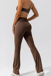 PACK265461-P5017-1, Dark Brown Solid Criss Cross High Waist Flared Yoga Pants