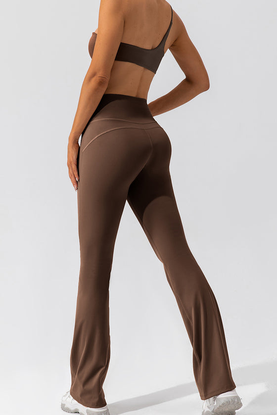 PACK265461-P5017-1, Dark Brown Solid Criss Cross High Waist Flared Yoga Pants