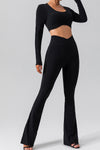 LC265464-P2-S, LC265464-P2-M, LC265464-P2-L, LC265464-P2-XL, Black Solid Color Arched Waist Flared Active Leggings