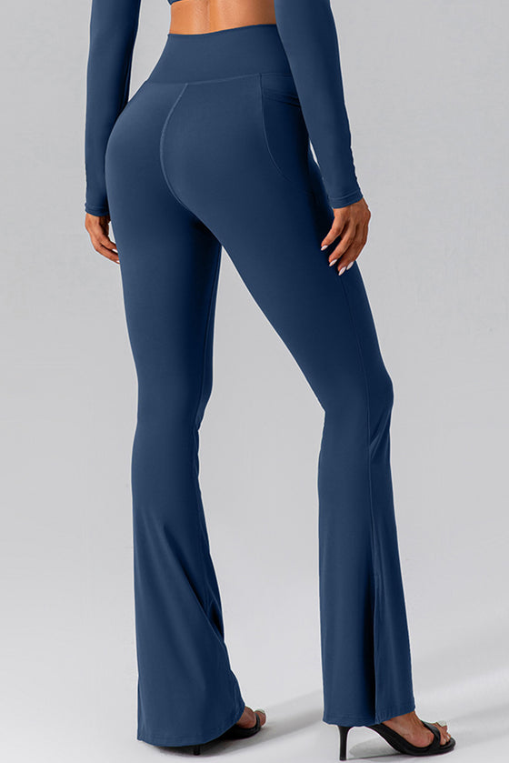 LC265464-P905-S, LC265464-P905-M, LC265464-P905-L, LC265464-P905-XL, Sail Blue Solid Color Arched Waist Flared Active Leggings