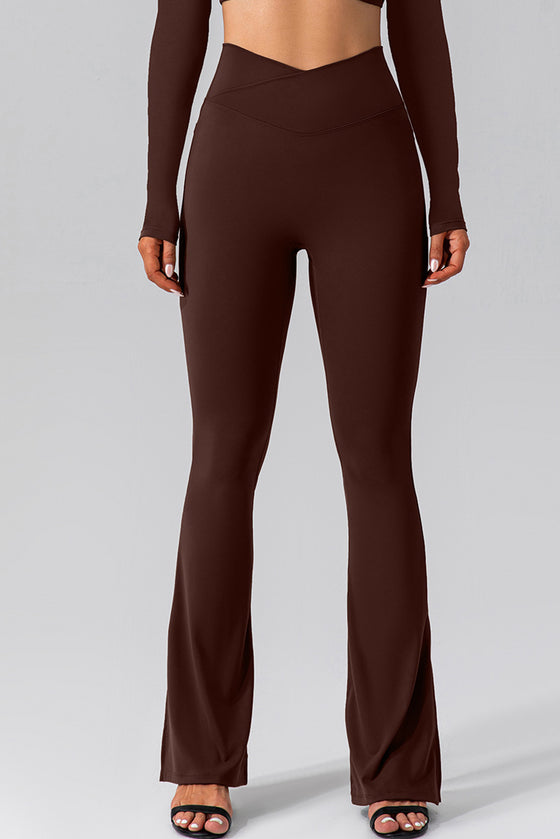 LC265464-P1017-S, LC265464-P1017-M, LC265464-P1017-L, LC265464-P1017-XL, Coffee Solid Color Arched Waist Flared Active Leggings