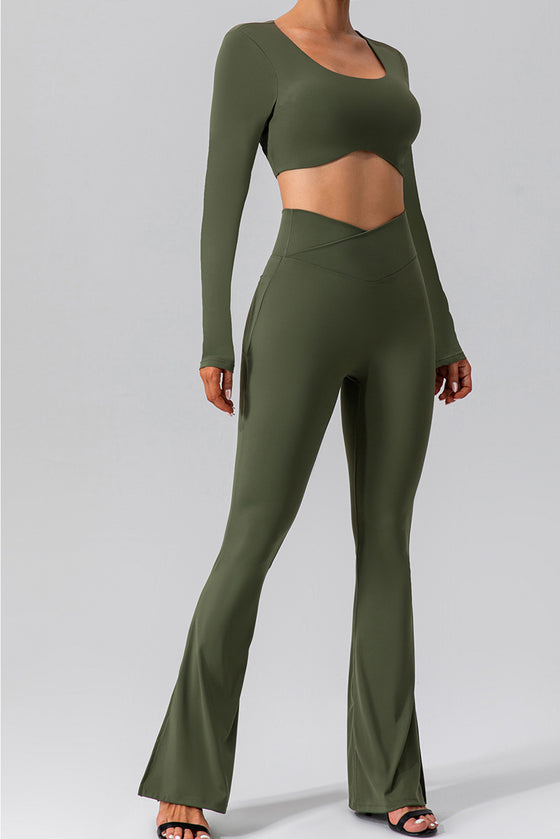 LC265464-P1609-S, LC265464-P1609-M, LC265464-P1609-L, LC265464-P1609-XL, Moss Green Solid Color Arched Waist Flared Active Leggings