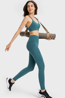  PACK265469-P1709-1, Sea Green Solid Color High Waist Active Leggings with Side Pocket