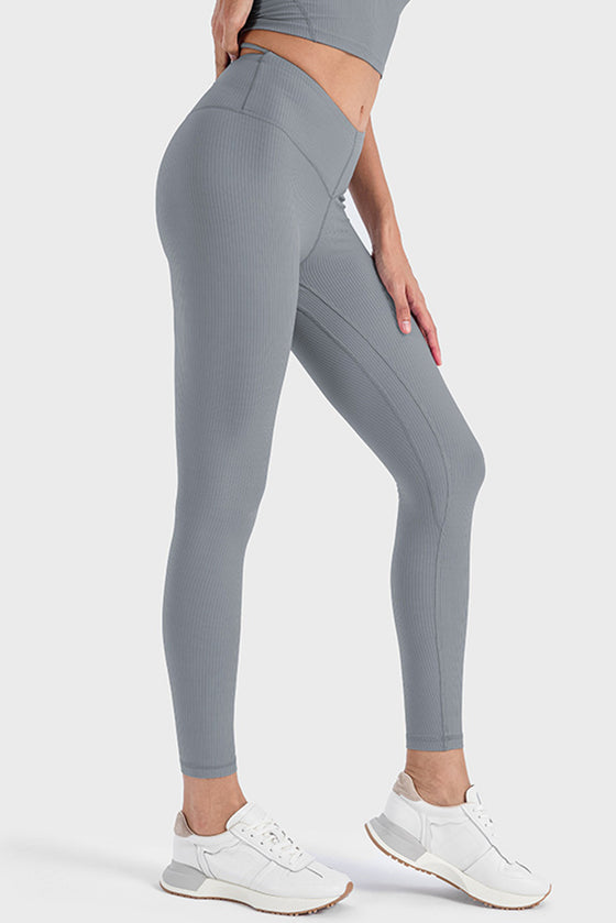 PACK265475-P3011-1, Medium Grey Ribbed Thin Strap V Shape High Waist Yoga Tights