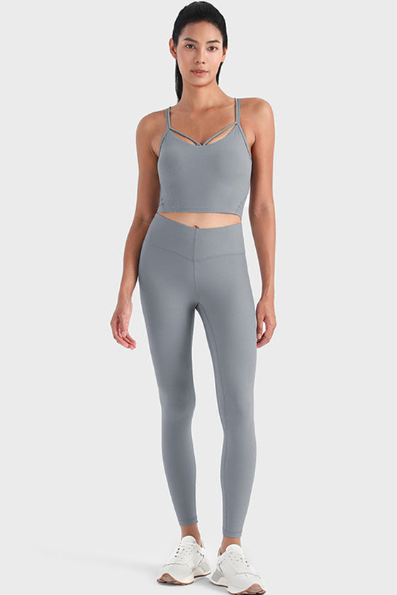 PACK265475-P3011-1, Medium Grey Ribbed Thin Strap V Shape High Waist Yoga Tights