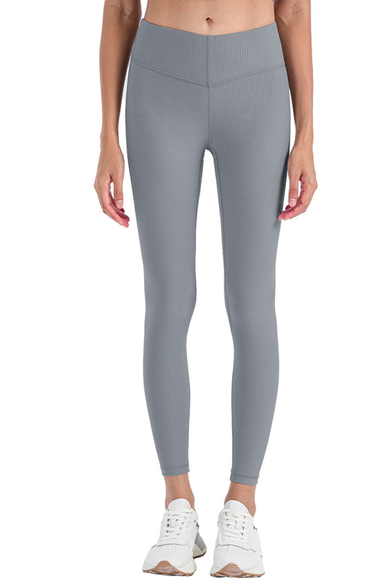 PACK265475-P3011-1, Medium Grey Ribbed Thin Strap V Shape High Waist Yoga Tights