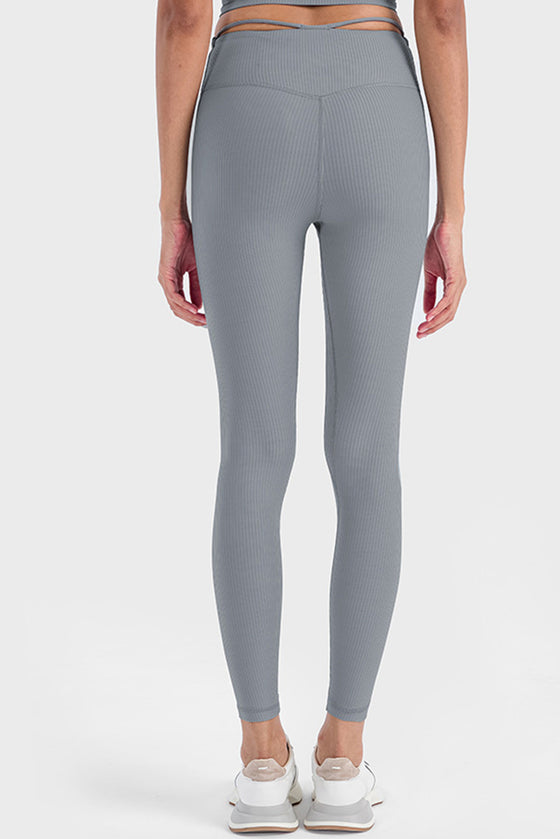 PACK265475-P3011-1, Medium Grey Ribbed Thin Strap V Shape High Waist Yoga Tights