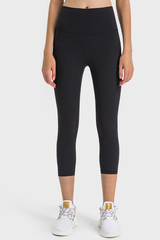 PACK265476-P2-1, Black Solid Color High Waist Sports Active Capri Leggings