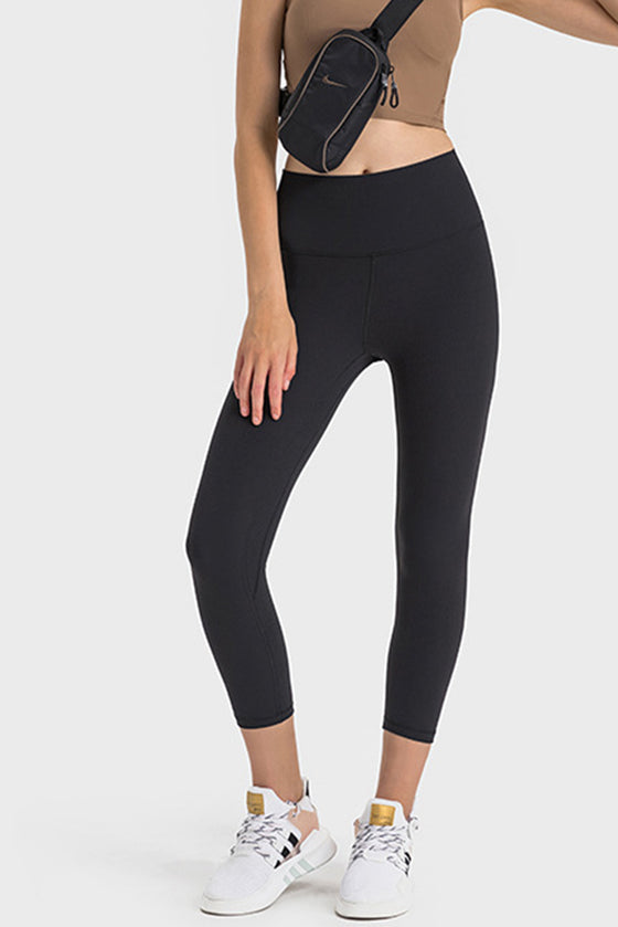 PACK265476-P2-1, Black Solid Color High Waist Sports Active Capri Leggings