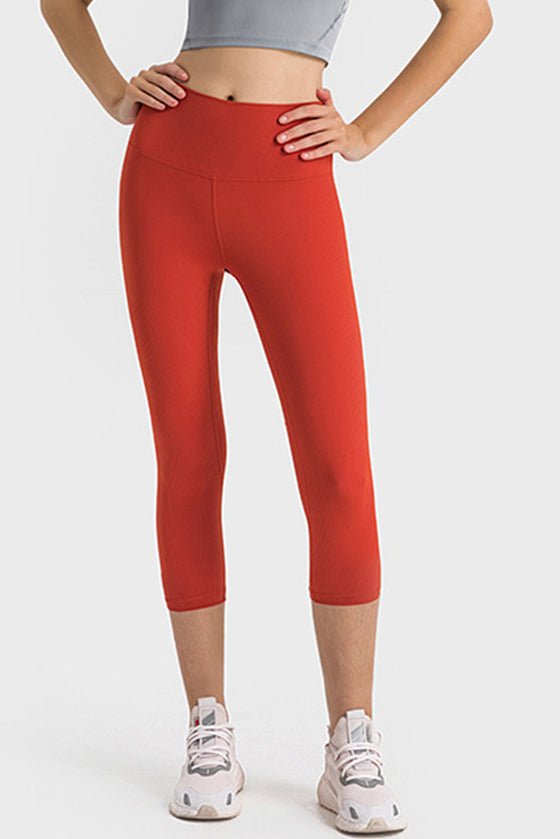 PACK265476-P103-1, Tomato Red Solid Color High Waist Sports Active Capri Leggings