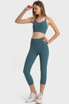 PACK265476-P1709-1, Sea Green Solid Color High Waist Sports Active Capri Leggings