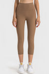 PACK265476-P2017-1, Chestnut Solid Color High Waist Sports Active Capri Leggings