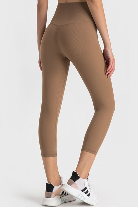 PACK265476-P2017-1, Chestnut Solid Color High Waist Sports Active Capri Leggings
