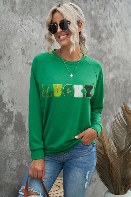 PACK25317154-9-1, Green St Patricks LUCKY Chenille Embroidered Graphic Sweatshirt