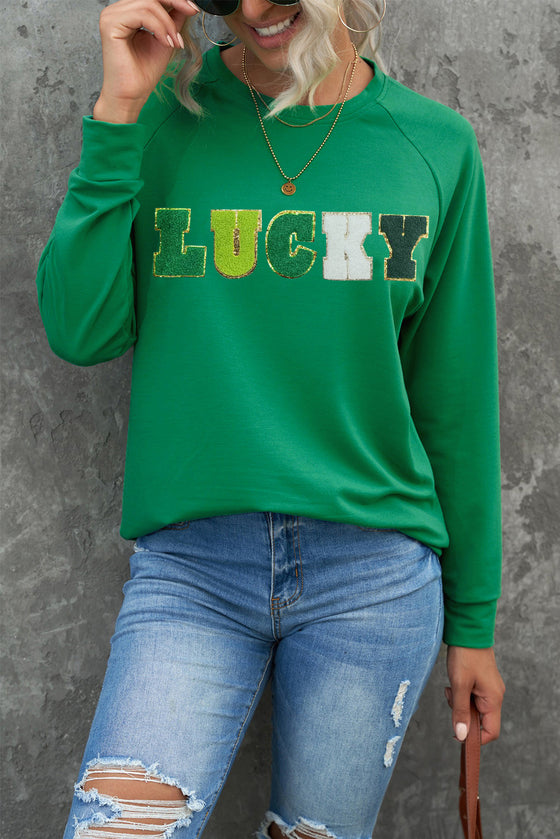 PACK25317154-9-1, Green St Patricks LUCKY Chenille Embroidered Graphic Sweatshirt