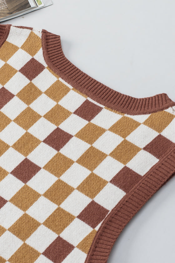 PACK276256-P1722-1, Brown Checkered Ribbed Trim Knit Sweater Vest