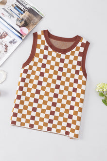  PACK276256-P1722-1, Brown Checkered Ribbed Trim Knit Sweater Vest