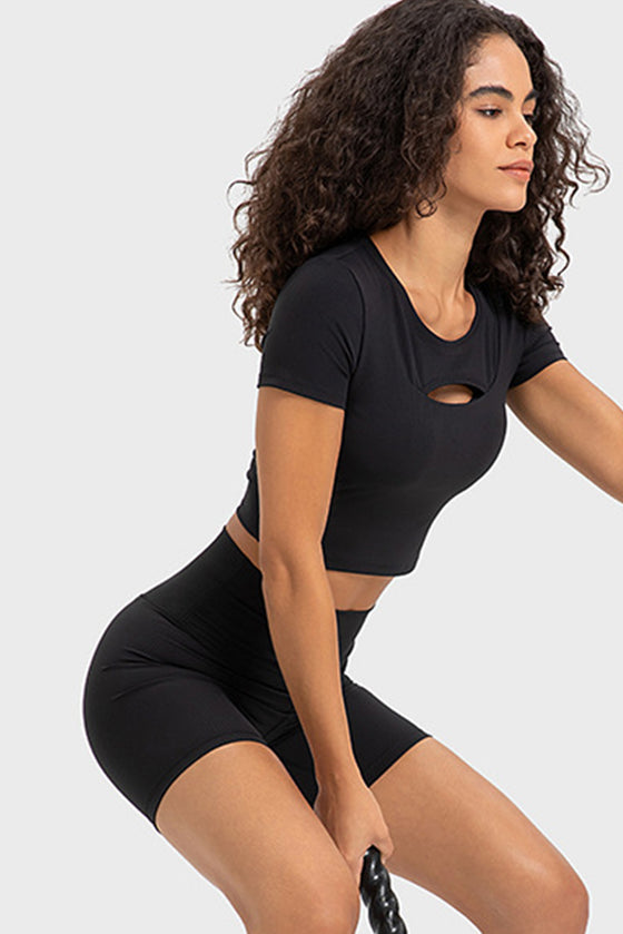 PACK264696-P2-1, Black Front Cut Out Ribbed Short Sleeve Sports Crop Top