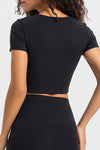 PACK264696-P2-1, Black Front Cut Out Ribbed Short Sleeve Sports Crop Top