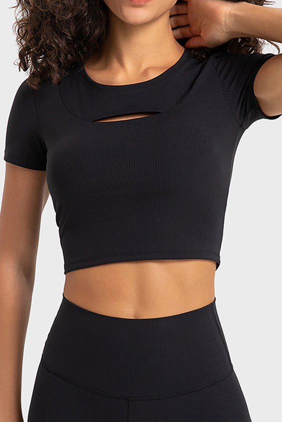 PACK264696-P2-1, Black Front Cut Out Ribbed Short Sleeve Sports Crop Top