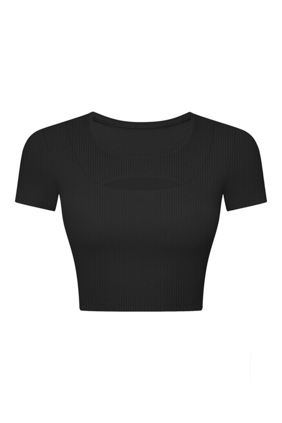 PACK264696-P2-1, Black Front Cut Out Ribbed Short Sleeve Sports Crop Top
