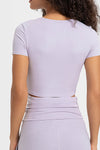 PACK264696-P708-1, Orchid Petal Front Cut Out Ribbed Short Sleeve Sports Crop Top