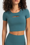 PACK264696-P1709-1, Sea Green Front Cut Out Ribbed Short Sleeve Sports Crop Top