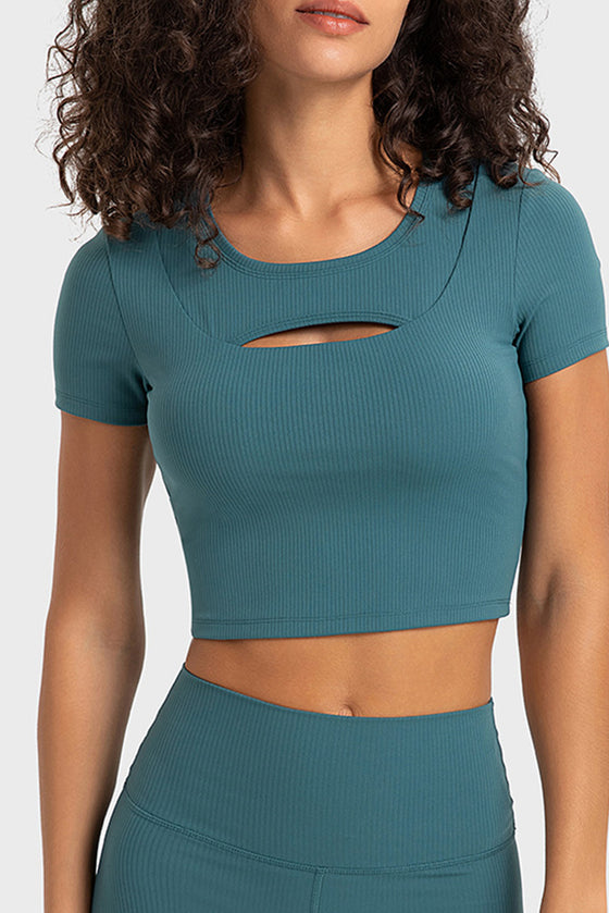 PACK264696-P1709-1, Sea Green Front Cut Out Ribbed Short Sleeve Sports Crop Top