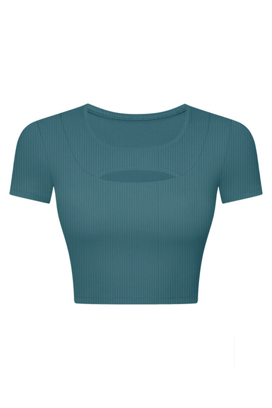 PACK264696-P1709-1, Sea Green Front Cut Out Ribbed Short Sleeve Sports Crop Top