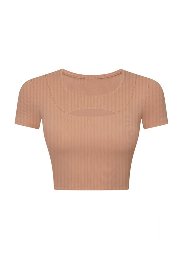 PACK264696-P8010-1, Rose Tan Front Cut Out Ribbed Short Sleeve Sports Crop Top