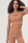 PACK264696-P8010-1, Rose Tan Front Cut Out Ribbed Short Sleeve Sports Crop Top