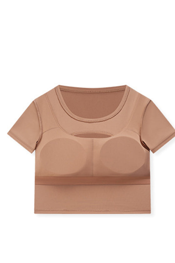 PACK264696-P8010-1, Rose Tan Front Cut Out Ribbed Short Sleeve Sports Crop Top