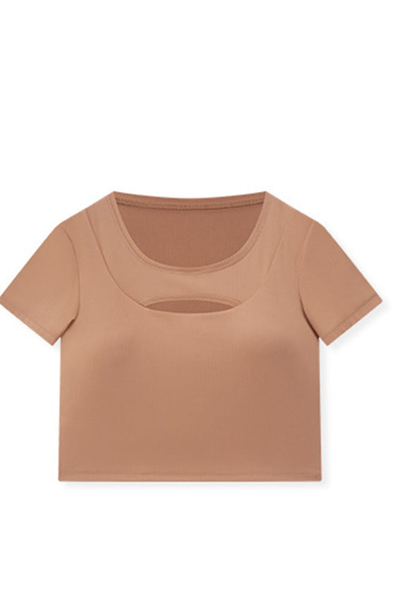 PACK264696-P8010-1, Rose Tan Front Cut Out Ribbed Short Sleeve Sports Crop Top