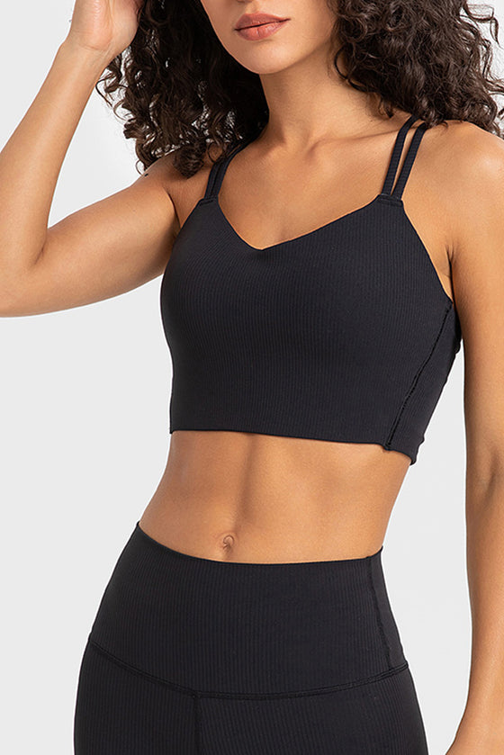 PACK264697-P2-1, Black Solid Color Strappy Crisscross Ribbed Sports Bra