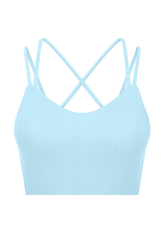 PACK264697-P4-1, Light Blue Solid Color Strappy Crisscross Ribbed Sports Bra