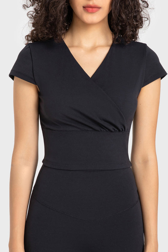 PACK264698-P2-1, Black V Neck Wrapped Short Sleeve Active Top