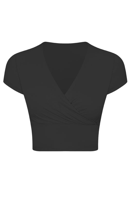 PACK264698-P2-1, Black V Neck Wrapped Short Sleeve Active Top