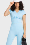 PACK264698-P4-1, Light Blue V Neck Wrapped Short Sleeve Active Top
